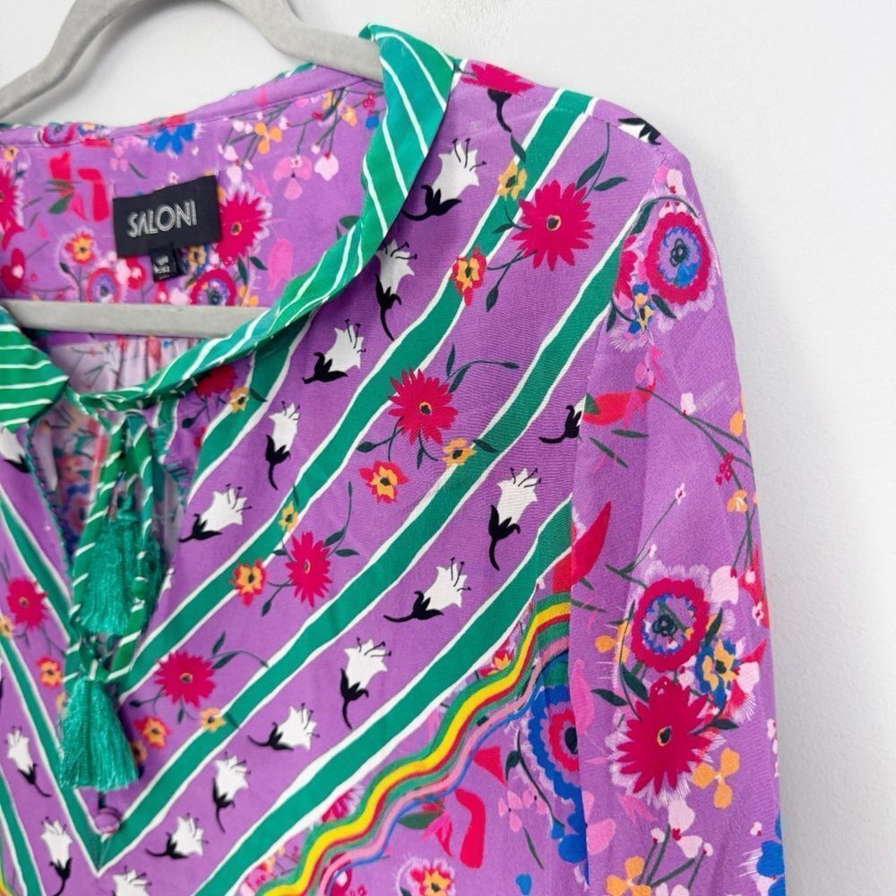 SALONI | Ali Silk Top in Snowdrop Pimpernel Purple & Green Women’s Size 2 - Picture 3 of 9
